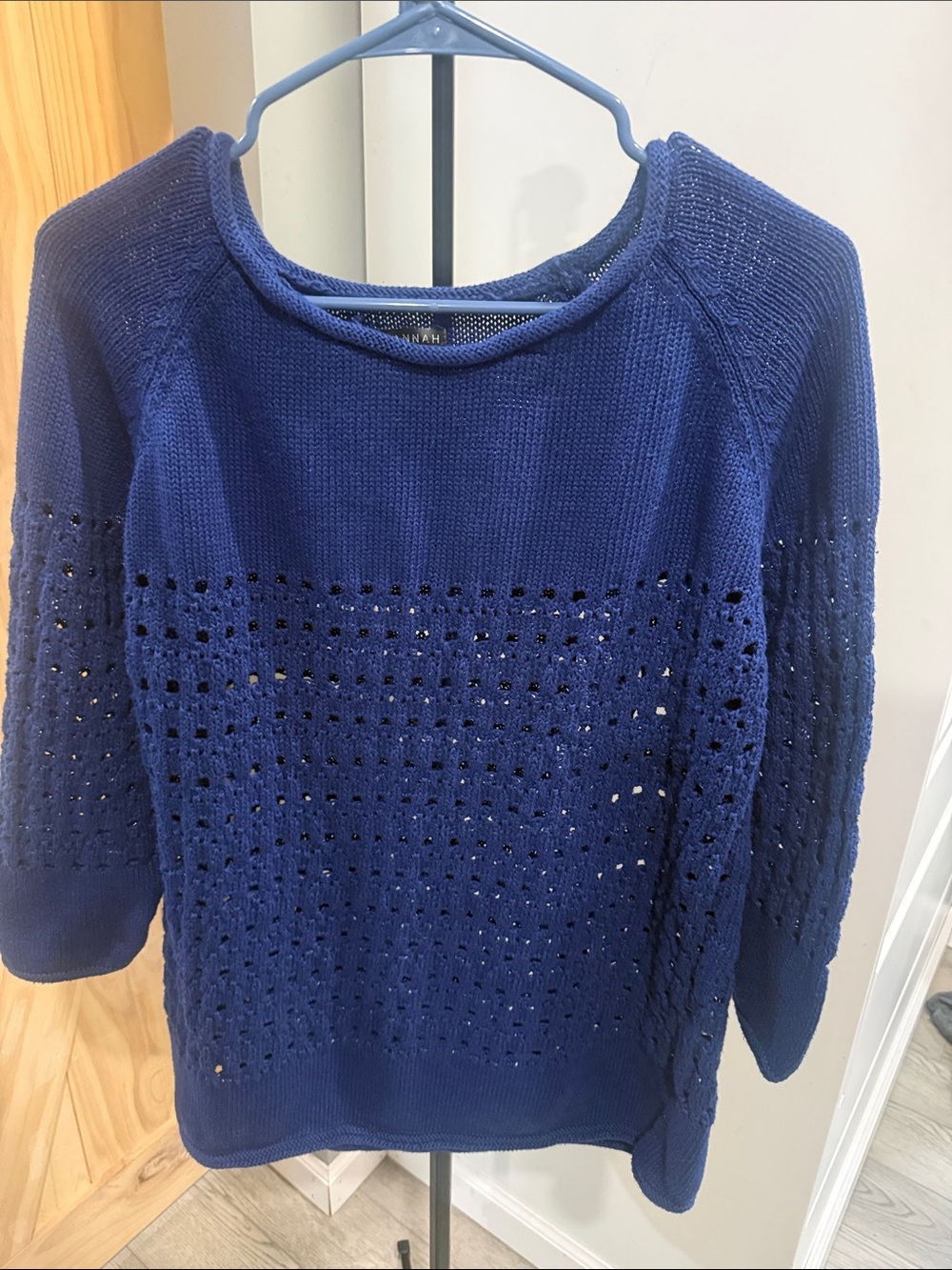 Hannah Deep Navy Open-Weave Crewneck Sweater